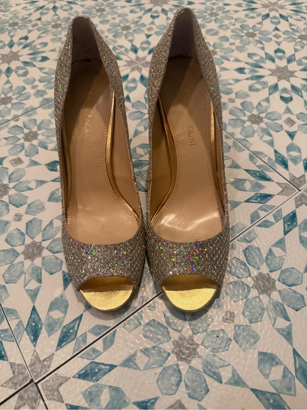 Enzo Angiolini Silver Soarkle peep toe pump